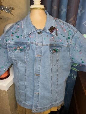 Light Wash Denim Jacket with Pink & Green Bead Embellishments CUSTOMIZED AKA
